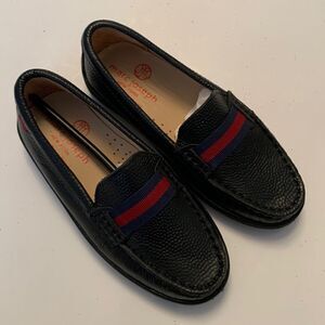Marc Joseph Kids Black Moccasins with Red and Blue Stripes